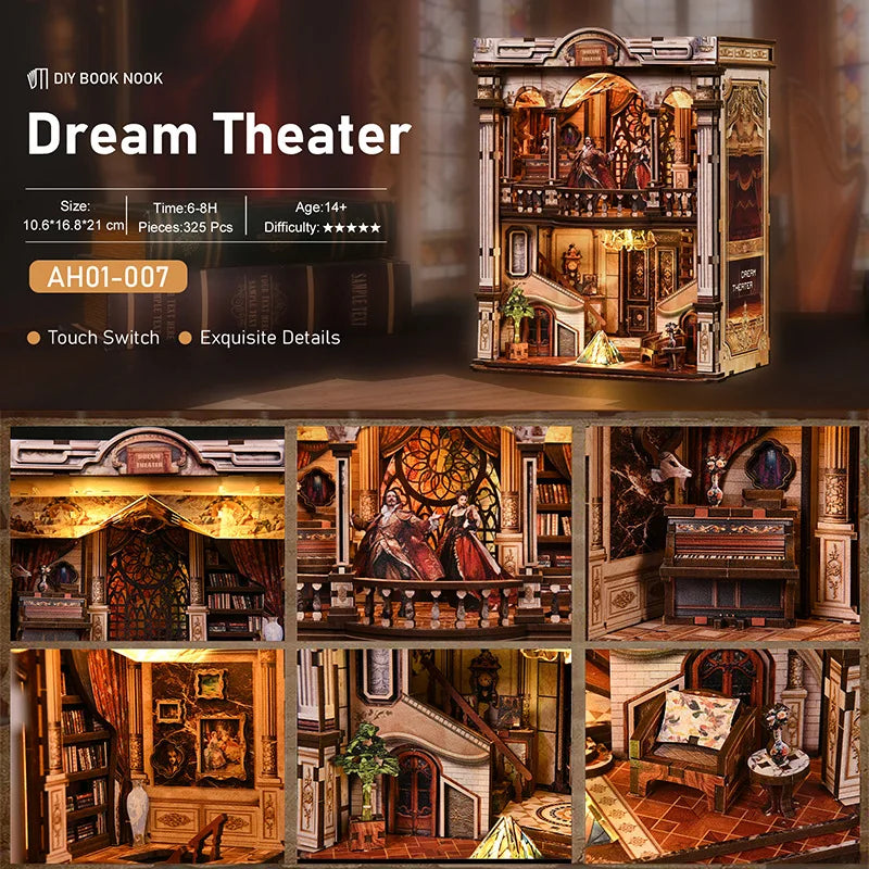 3DWooden Book Nook Kit,Dream Theater Miniature House,DIY Stress Relief Craft,Gothic Style Model Gift for Hobbyists