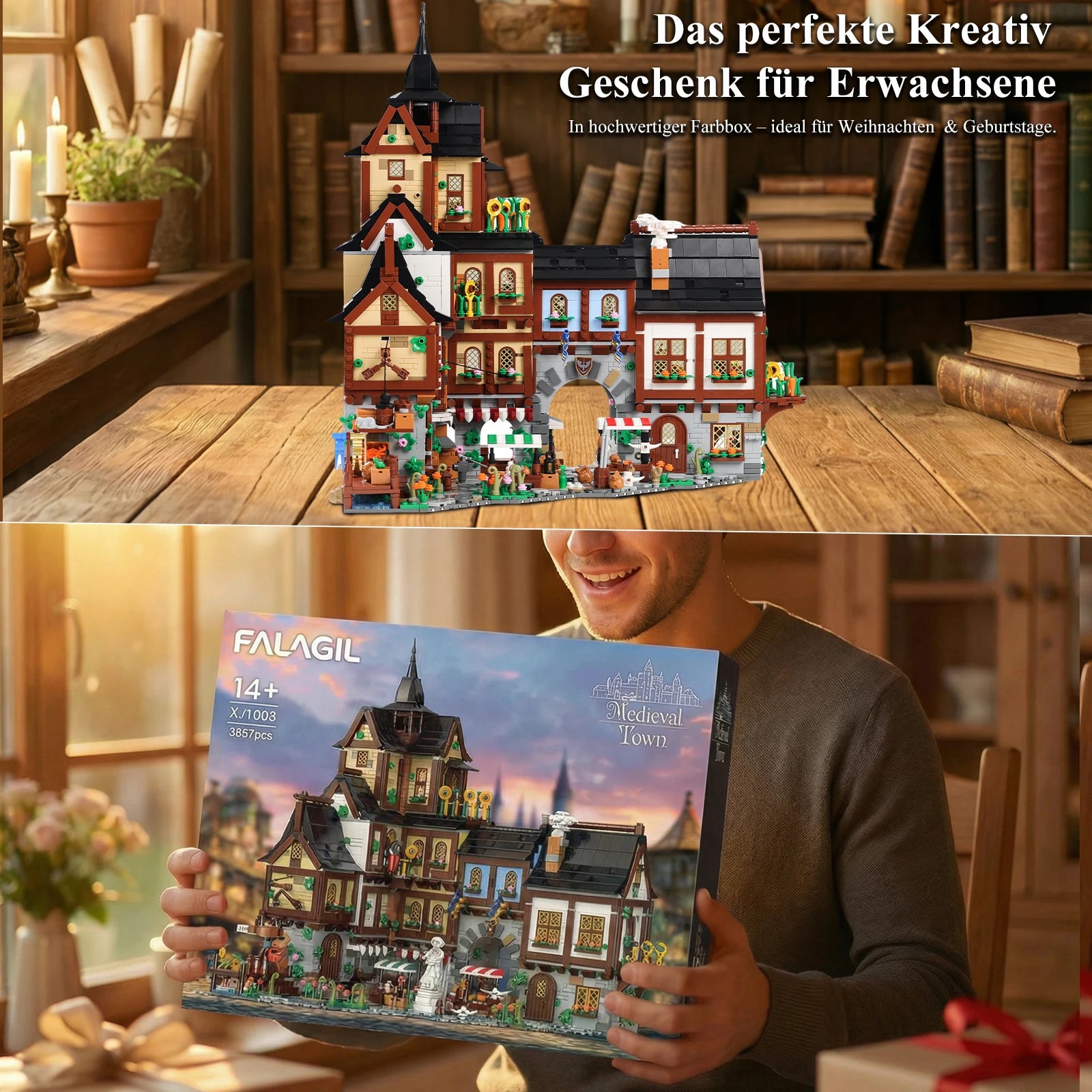 Medieval Town Modular Building Blocks Set - 3857PCS European Half-Timbered Construction Bricks Model Kit, Intricate DIY Assembly with Archway & Street Market Details Toys for Adults, Ideal Birthday Holiday Gift Home Decoration Ornament Collection Display