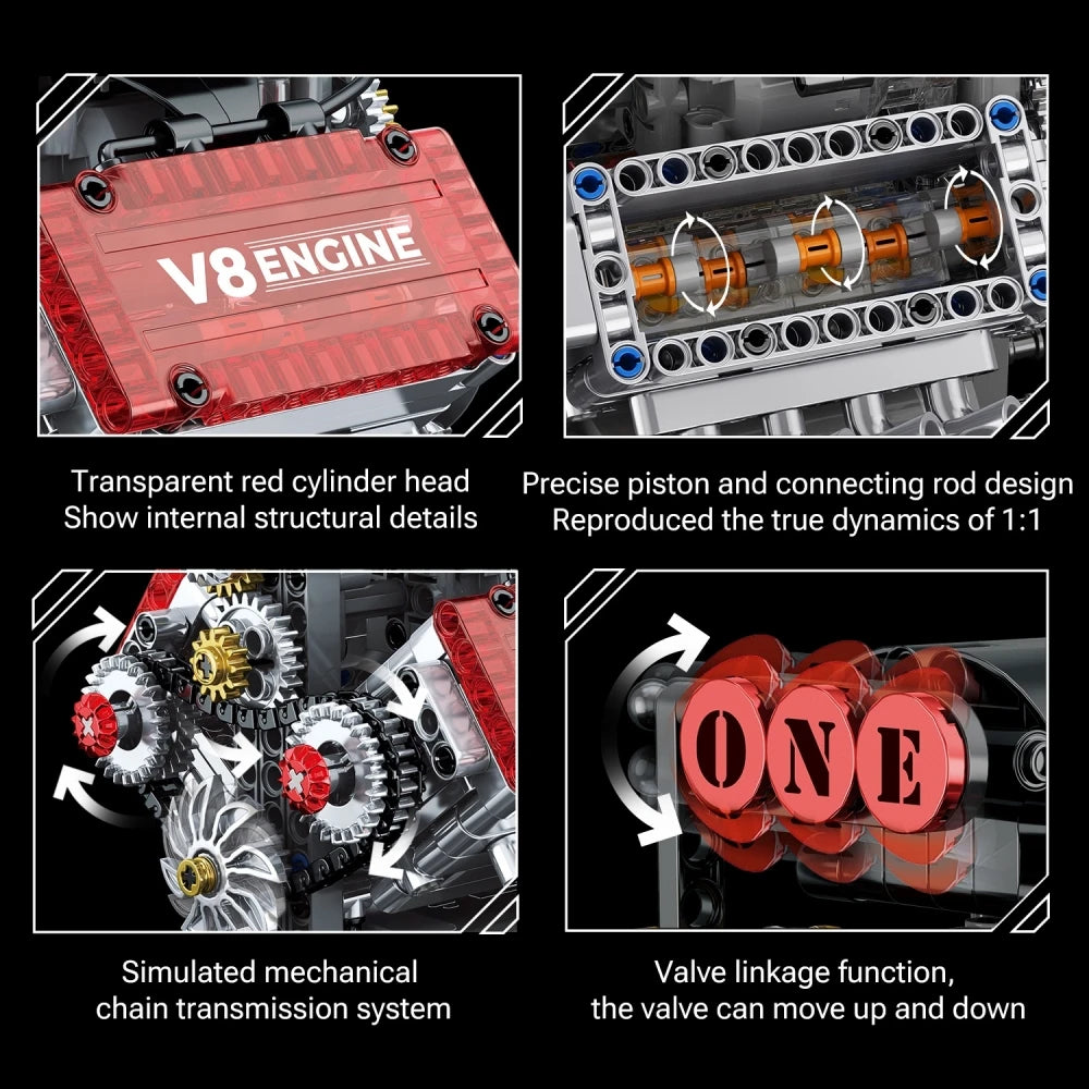 478PCS Creative V8 Engine Model Building Blocks Set with Electric Motor DIY Assembly Bricks Toy Desktop Decor Gift for Kids